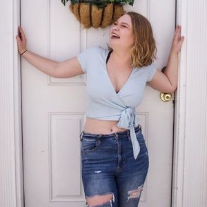 SHE + SKY BABY BLUE WRAP / TIE CROP TOP